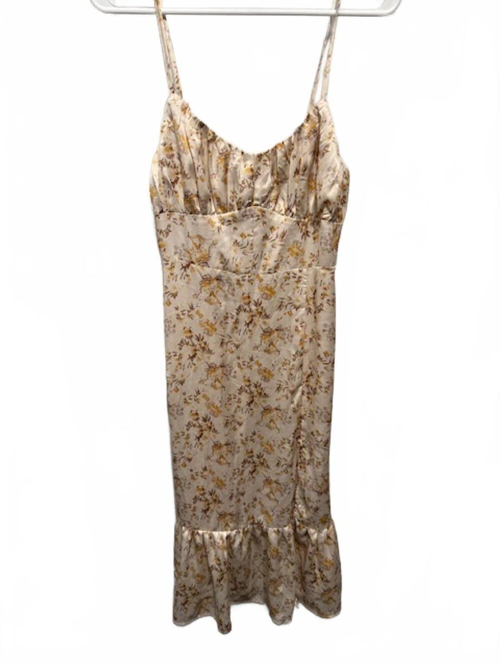 NWOT Cider satin Floral yellow, brown, cream ruffle midi slip dress size medium